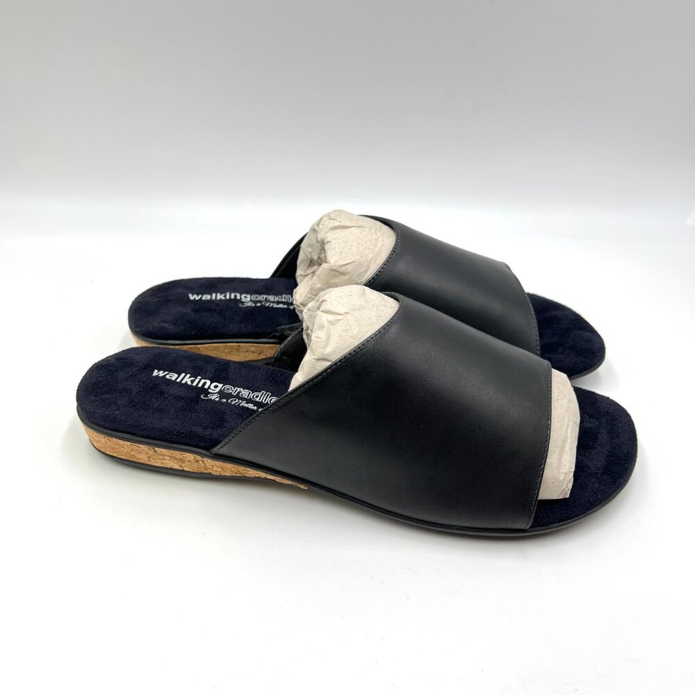 9WW 9 WW XW WIDTH Walking Cradles Womens Cam Black Leather‎ Slides Sandals Shoes